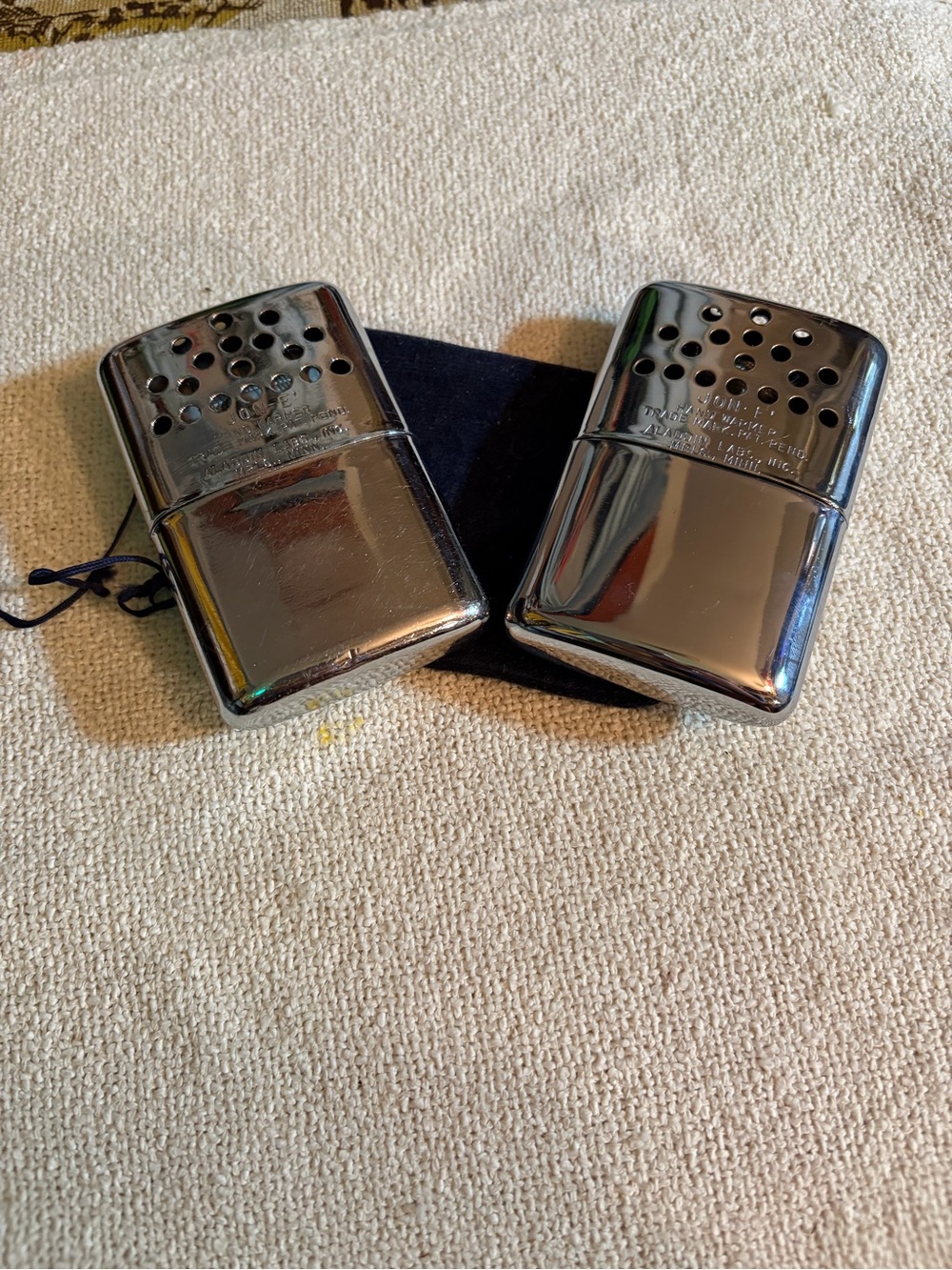 Vintage Jon-e Standard Hand Warmers Pair Aladdin Labs Chrome Pocket Heaters